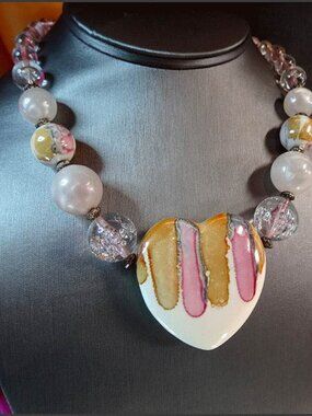 Authentic 1970s Vintage Necklace Unique Big Heart Pastel Porcelain